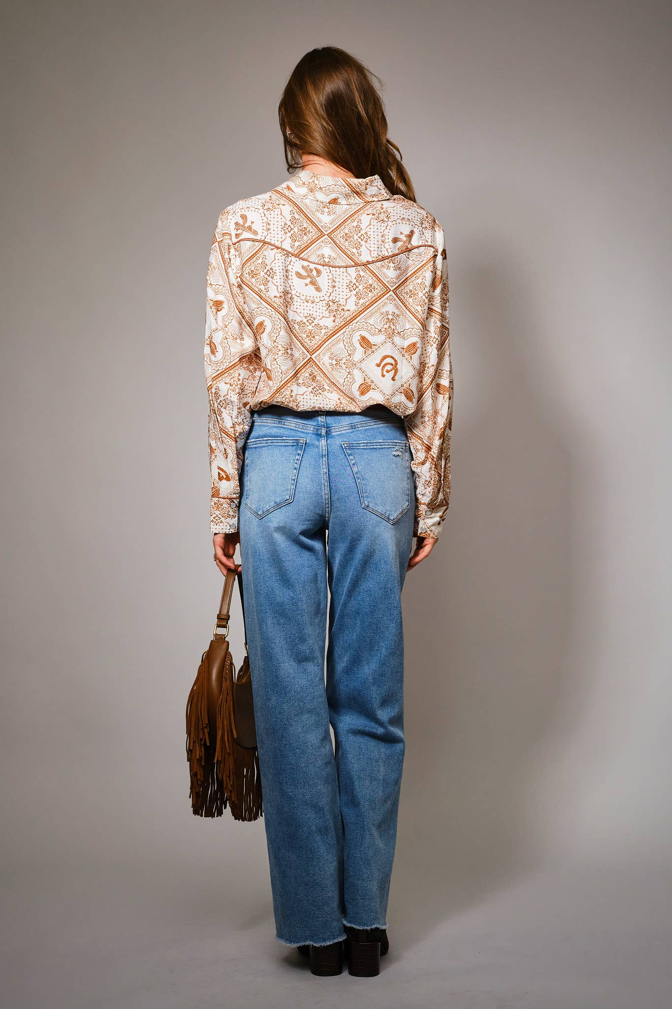 Blue B Western Printed Long Sleeve Button-Up Shirt - Off White Rust