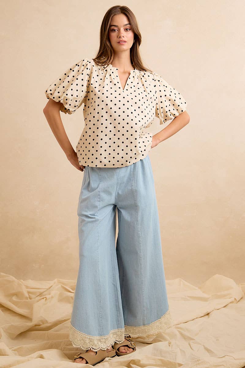BiBi Wide Leg Crochet Lace with Tulip Hem Jeans - Denim
