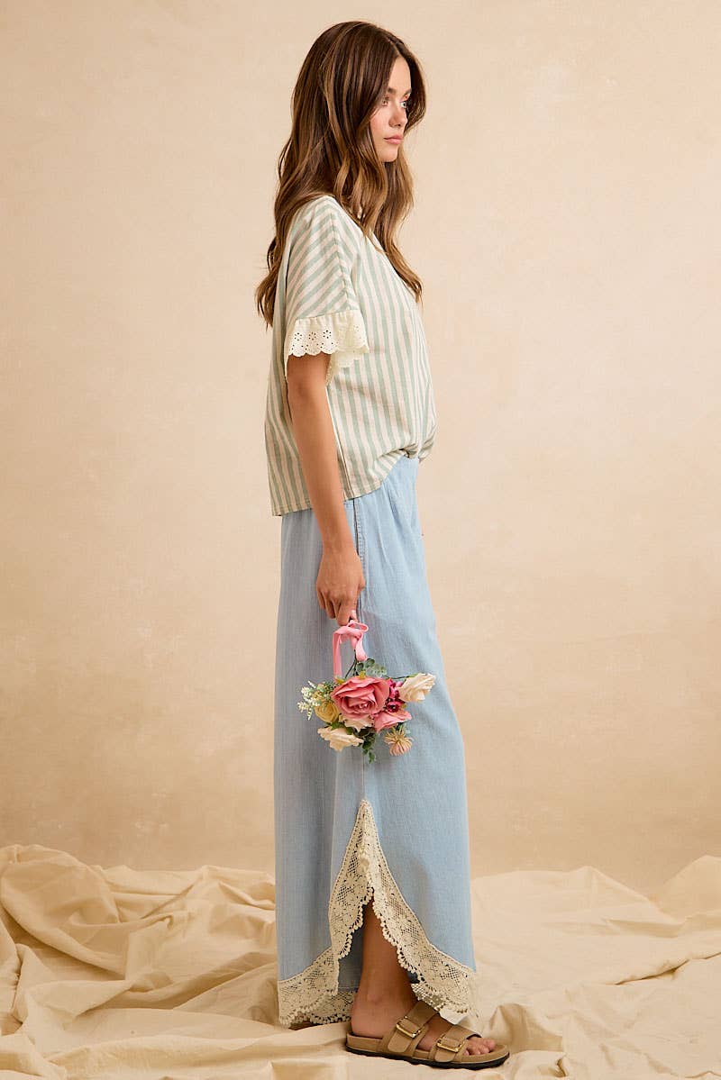 BiBi Wide Leg Crochet Lace with Tulip Hem Jeans - Denim