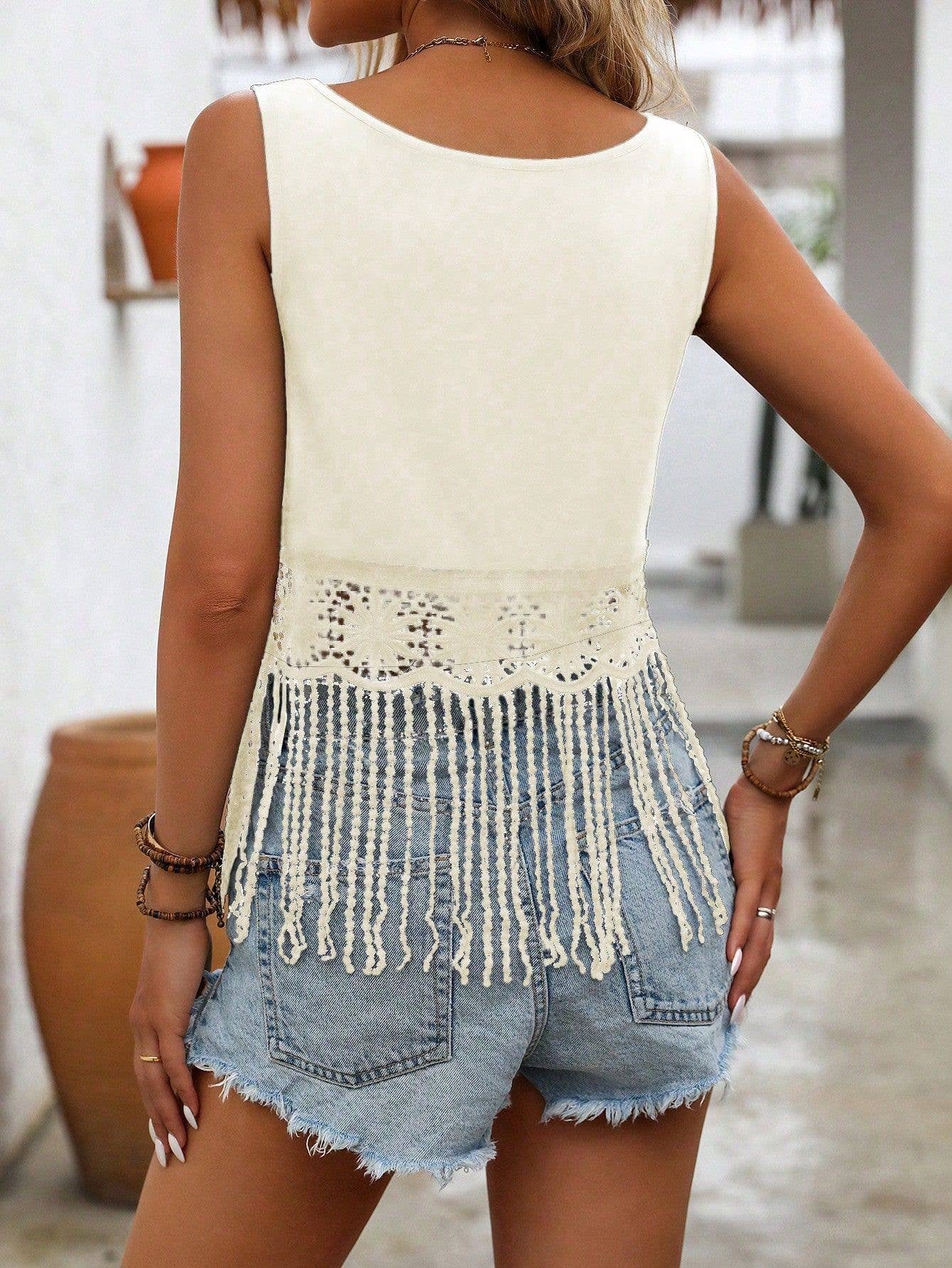 Rosa Clothing Crochet Boho Beach Lace Fringe Tank Top - Apricot