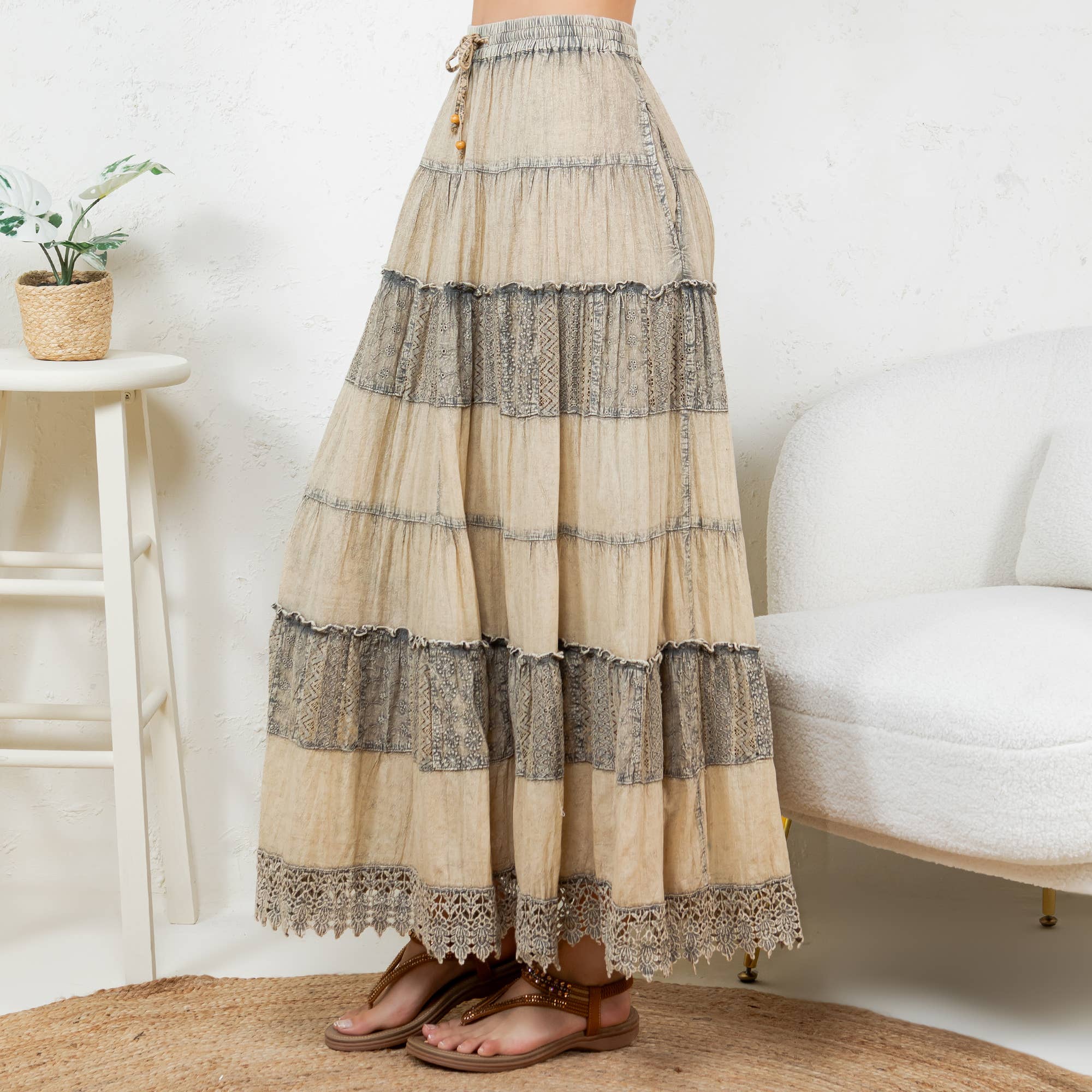 Young Threads 7 Tiered Crinkle Lace Patchwork Skirt with Pocket - Gravel