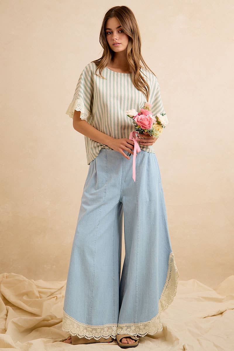 BiBi Wide Leg Crochet Lace with Tulip Hem Jeans - Denim