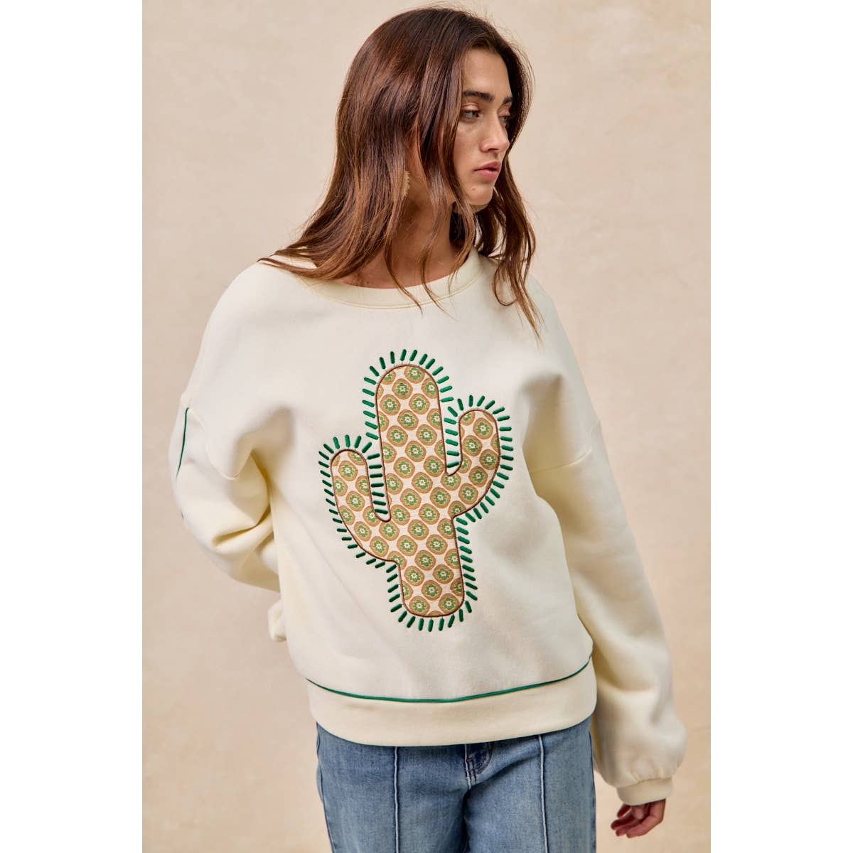BiBi Cactus Embroidered Fleece Sweatshirt - Cream