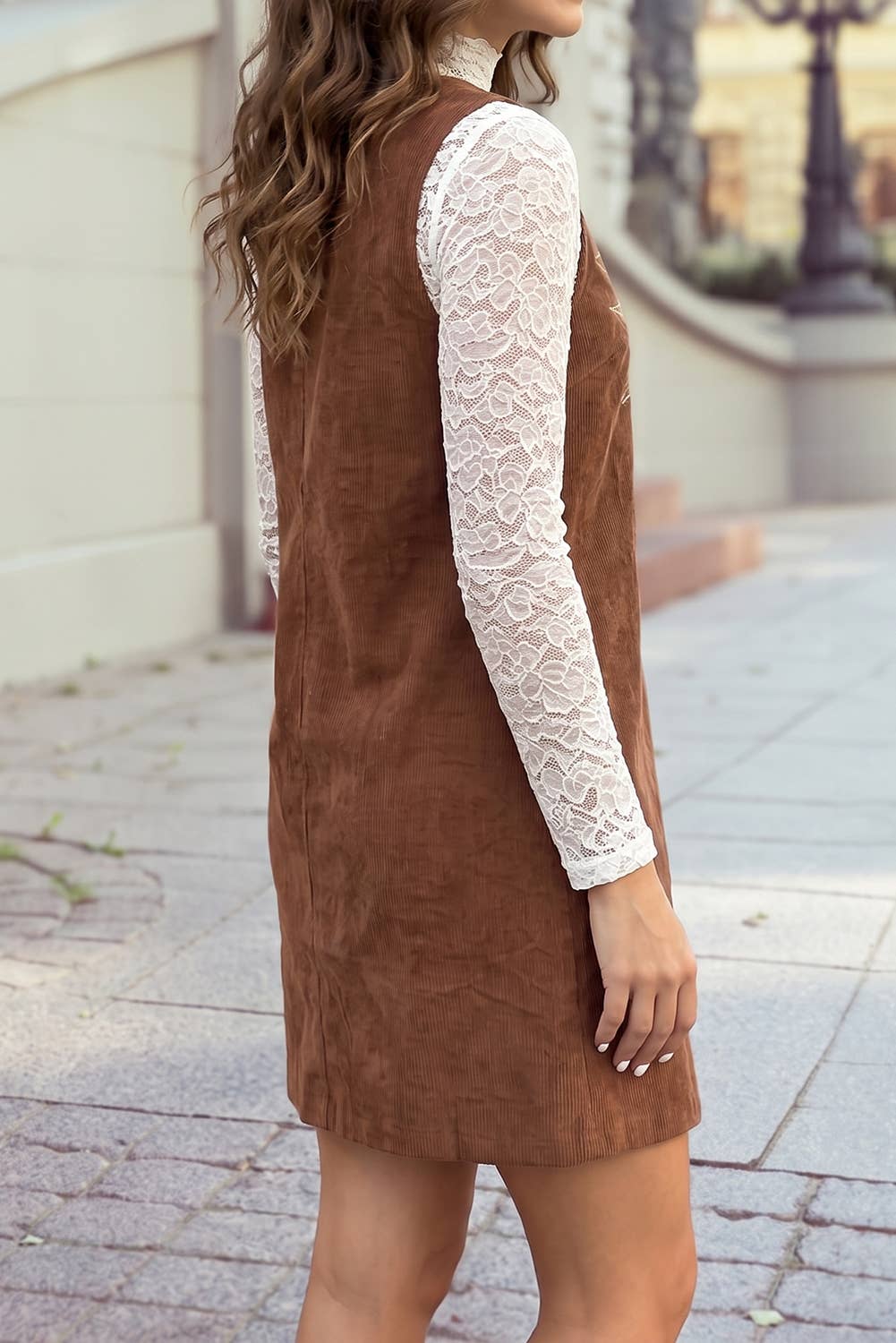 1 the Woman Geometric Embroidery Sleeveless Corduroy Shift Dress - Coffee