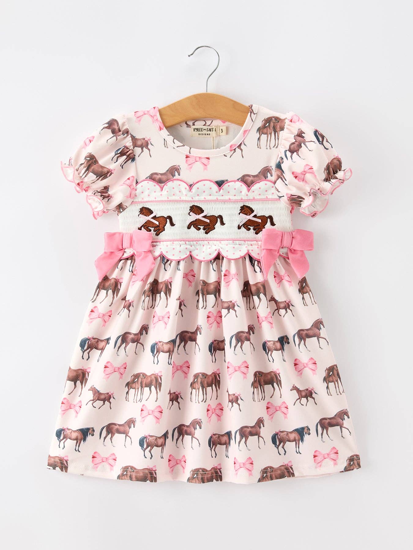 Rylee Faith Designs Western Horse Smocked Girls Dress Bow Ruffle Short Sleeve