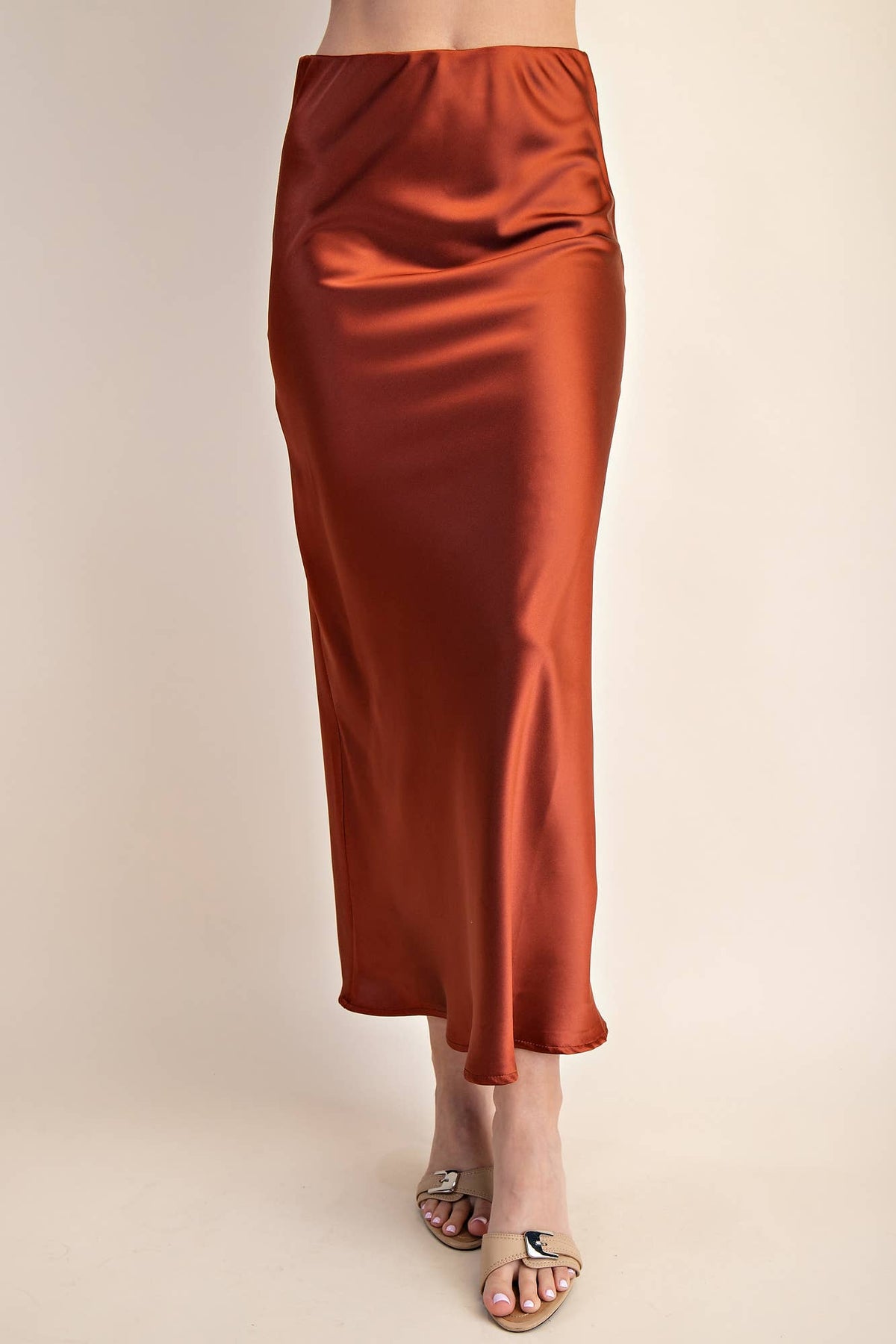 Glam Waist Elastic Band Midi Satin Skirt - Sienna