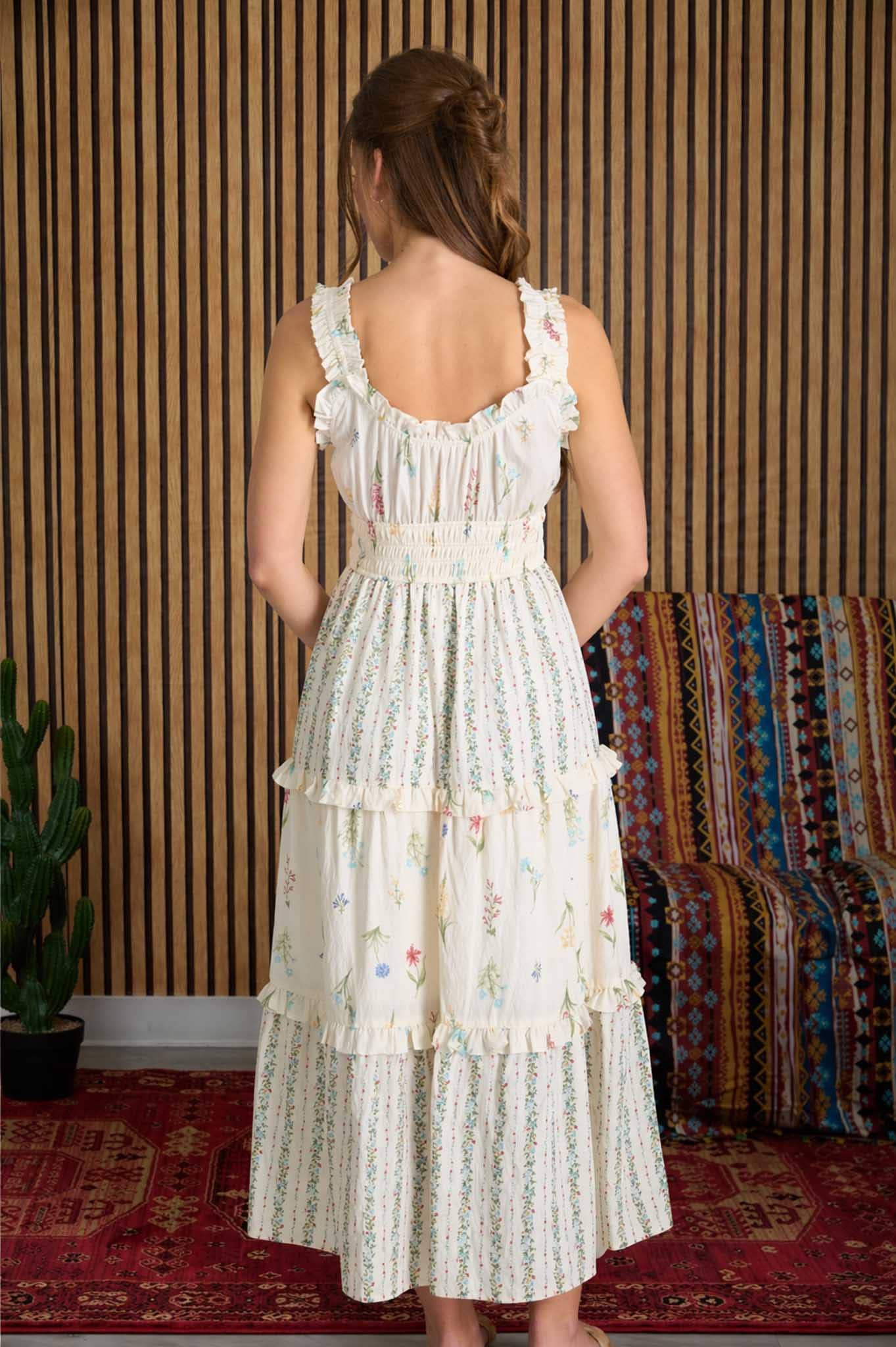 Blu Pepper Floral Colorblock Ruffled Tiered Midi Dress - Ivory Multi