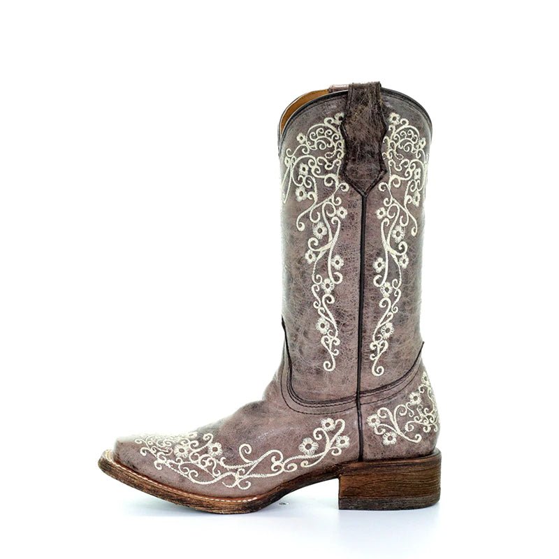 Corral Youth 10" Carter Bone Embroidery Square Toe Cowgirl Boot - A2980 - 01