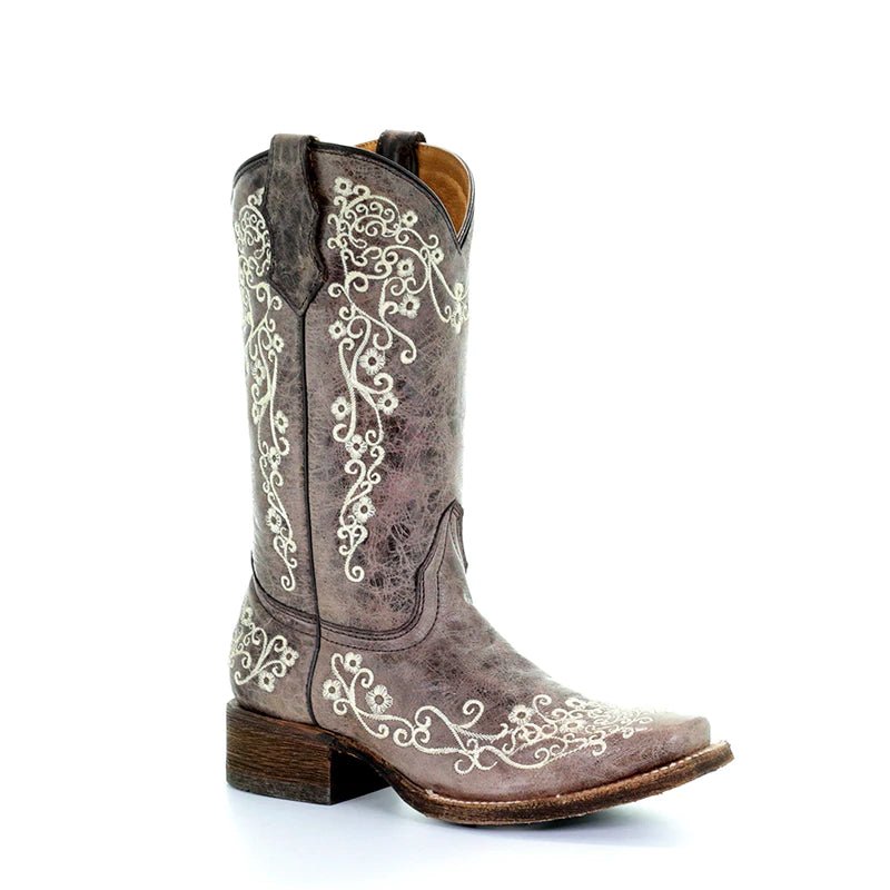 Corral Youth 10" Carter Bone Embroidery Square Toe Cowgirl Boot - A2980 - 01