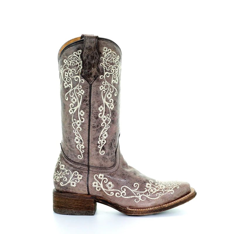 Corral Youth 10" Carter Bone Embroidery Square Toe Cowgirl Boot - A2980 - 01