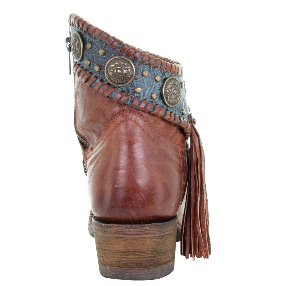 Corral Women's 7" Cognac Turquoise Concho Fringe Round Toe Ankle Boot - A3196 5.5M