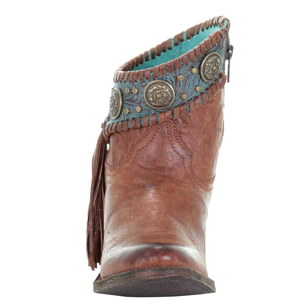 Corral Women's 7" Cognac Turquoise Concho Fringe Round Toe Ankle Boot - A3196 5.5M