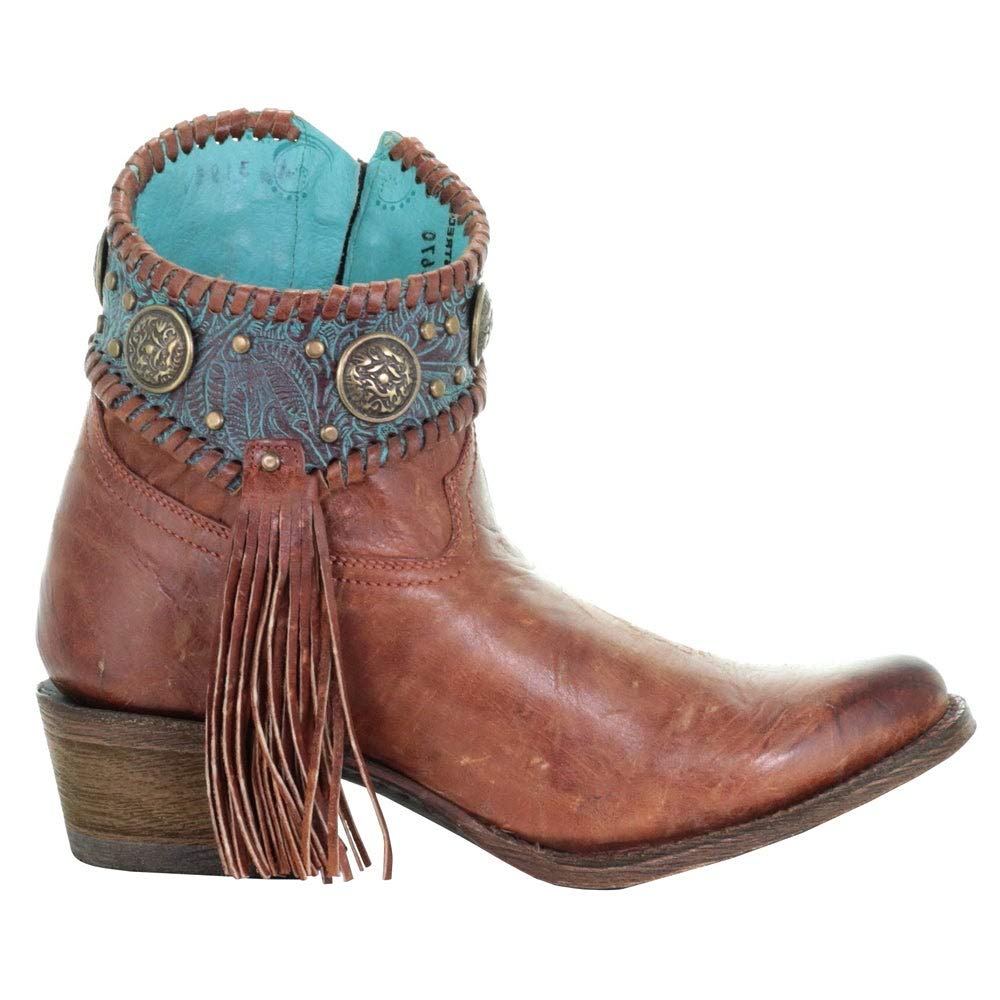 Corral Women's 7" Cognac Turquoise Concho Fringe Round Toe Ankle Boot - A3196 5.5M