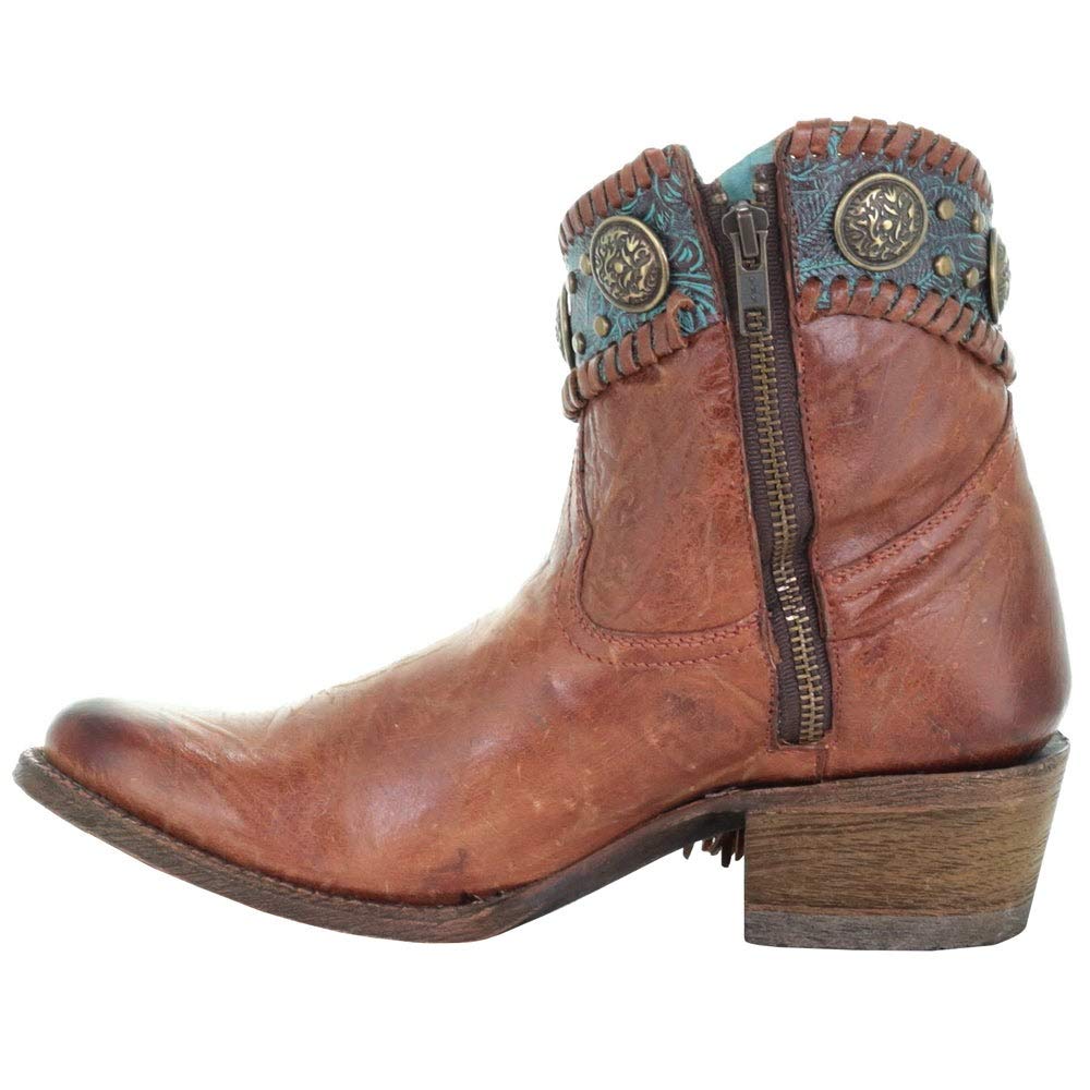 Corral Women's 7" Cognac Turquoise Concho Fringe Round Toe Ankle Boot - A3196 5.5M