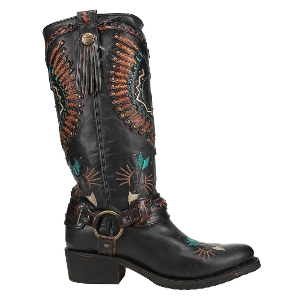 Corral Women's 13" Black Eagle Overlay & Harness Round Toe Biker Boot - A3616 - 5M