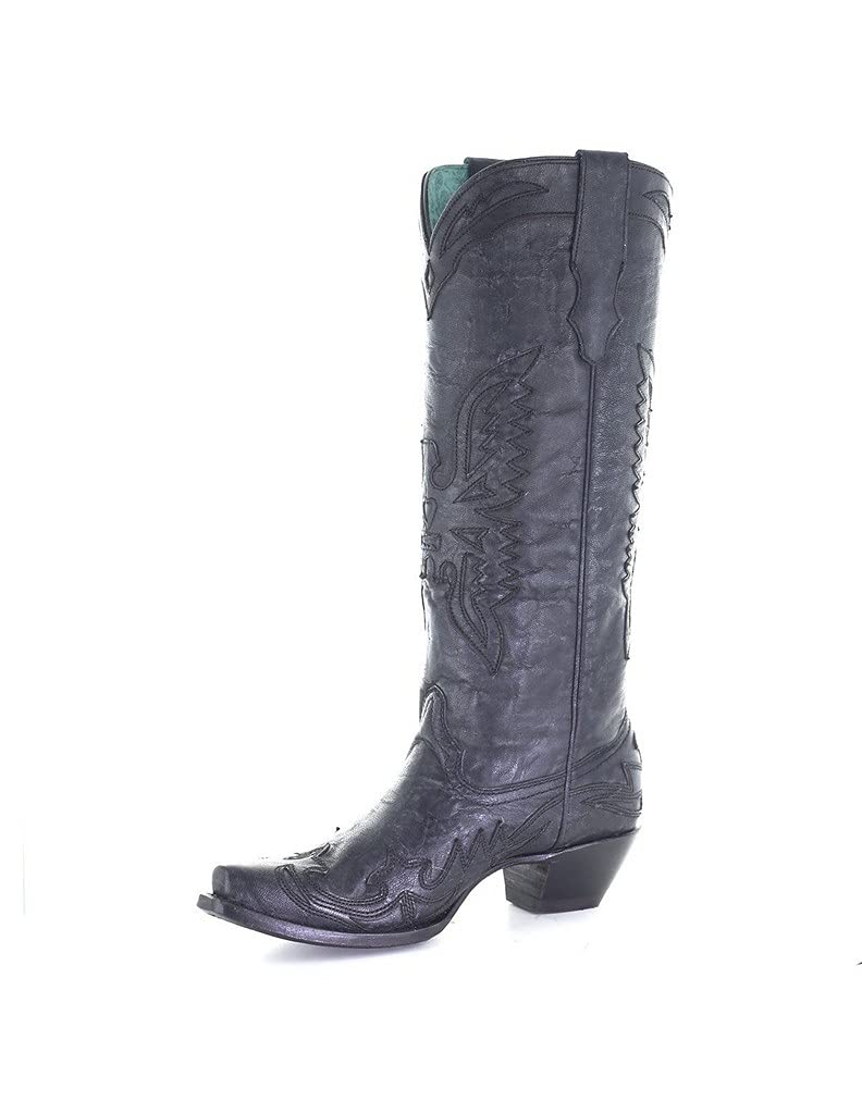 Corral Women's 15" Vintage Solid Black Tall Eagle Overlay Snip Toe Western Boot - A4047 - 5M