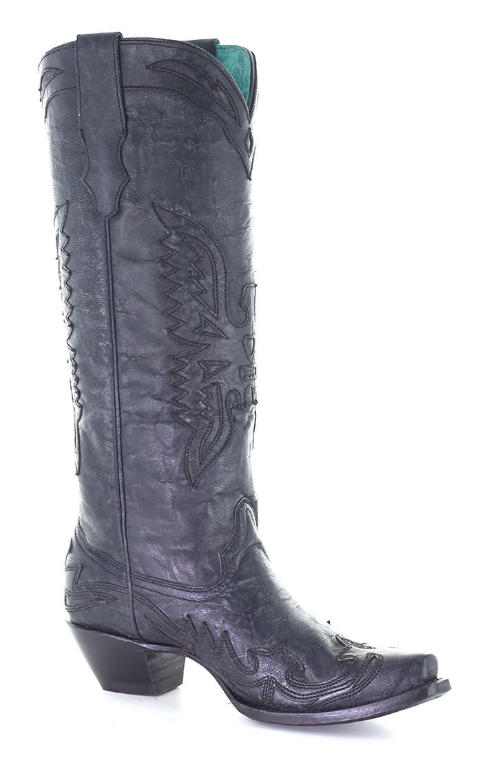 Corral Women's 15" Vintage Solid Black Tall Eagle Overlay Snip Toe Western Boot - A4047 - 5M