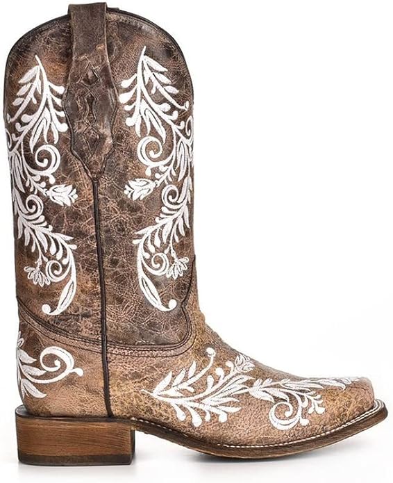 Corral Women's Brown and White Embroidery 12" Square Toe Boots - A4063 - 05M