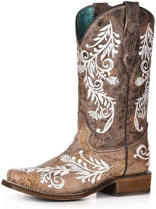 Corral Women's Brown and White Embroidery 12" Square Toe Boots - A4063 - 05M