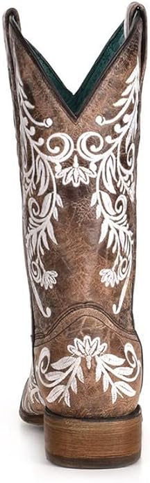 Corral Women's Brown and White Embroidery 12" Square Toe Boots - A4063 - 05M