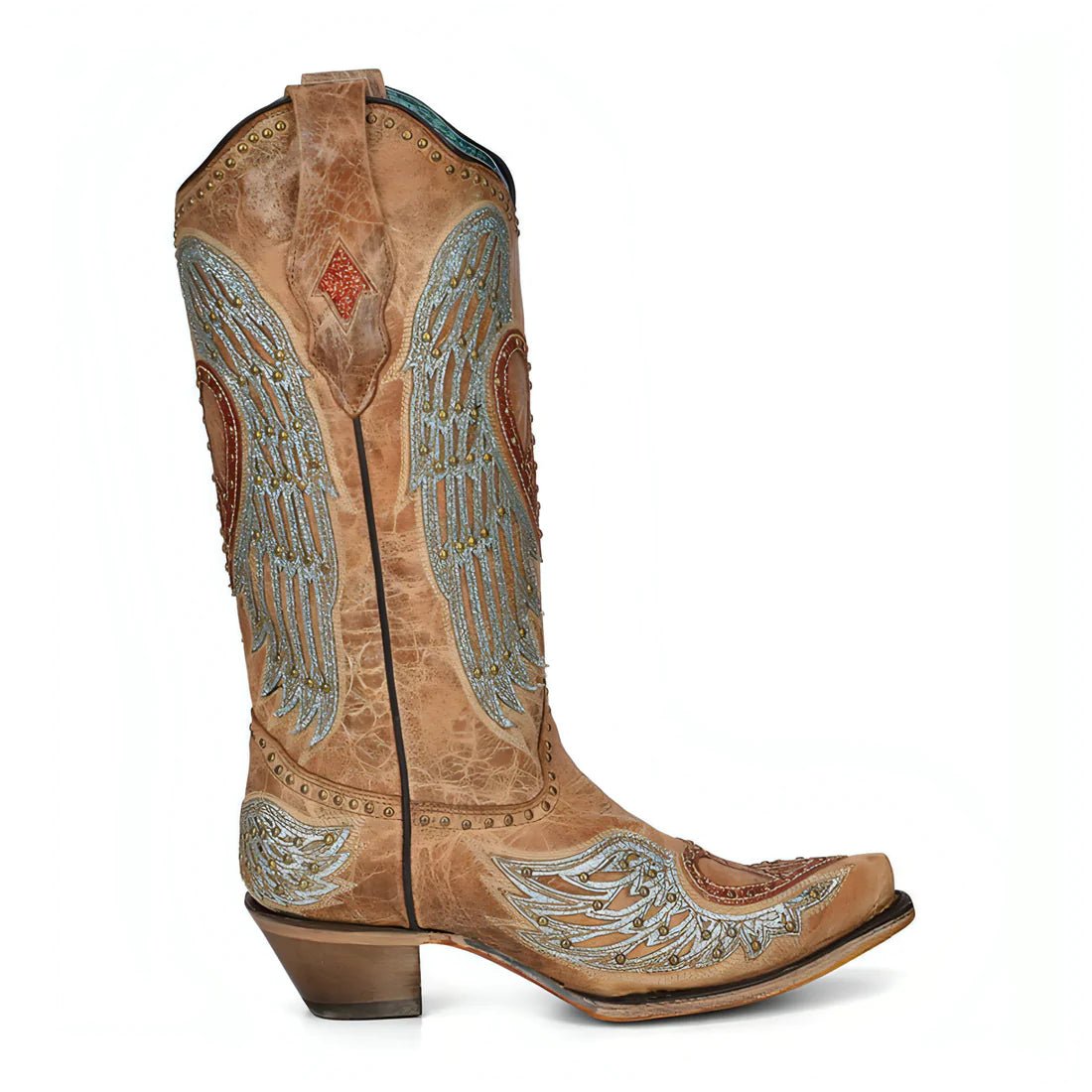 Corral Women's 13" Sand Heart & Wings Overlay & Embroidery & Studs Western Boots - A4235 - 5M