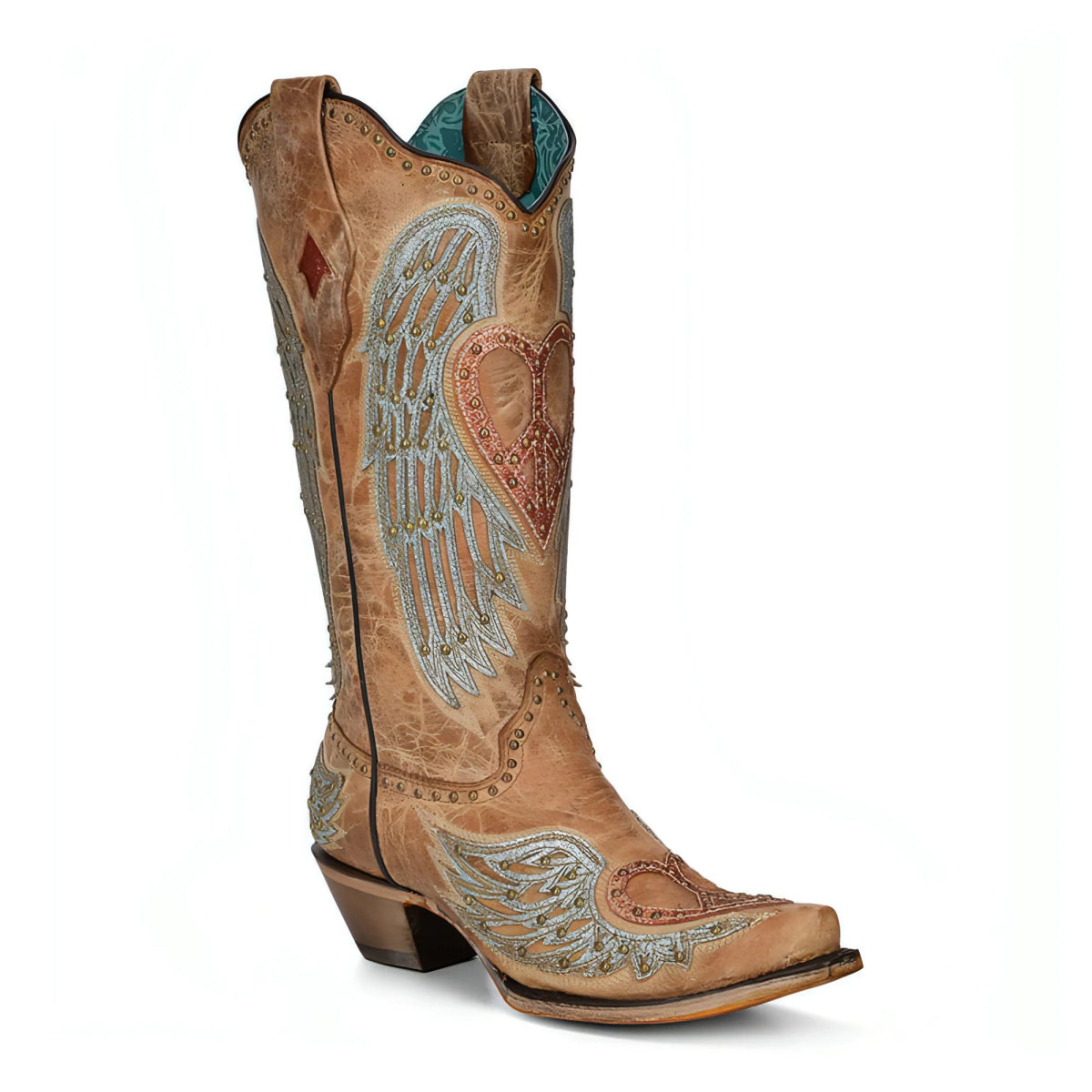 Corral Women's 13" Sand Heart & Wings Overlay & Embroidery & Studs Western Boots - A4235 - 5M