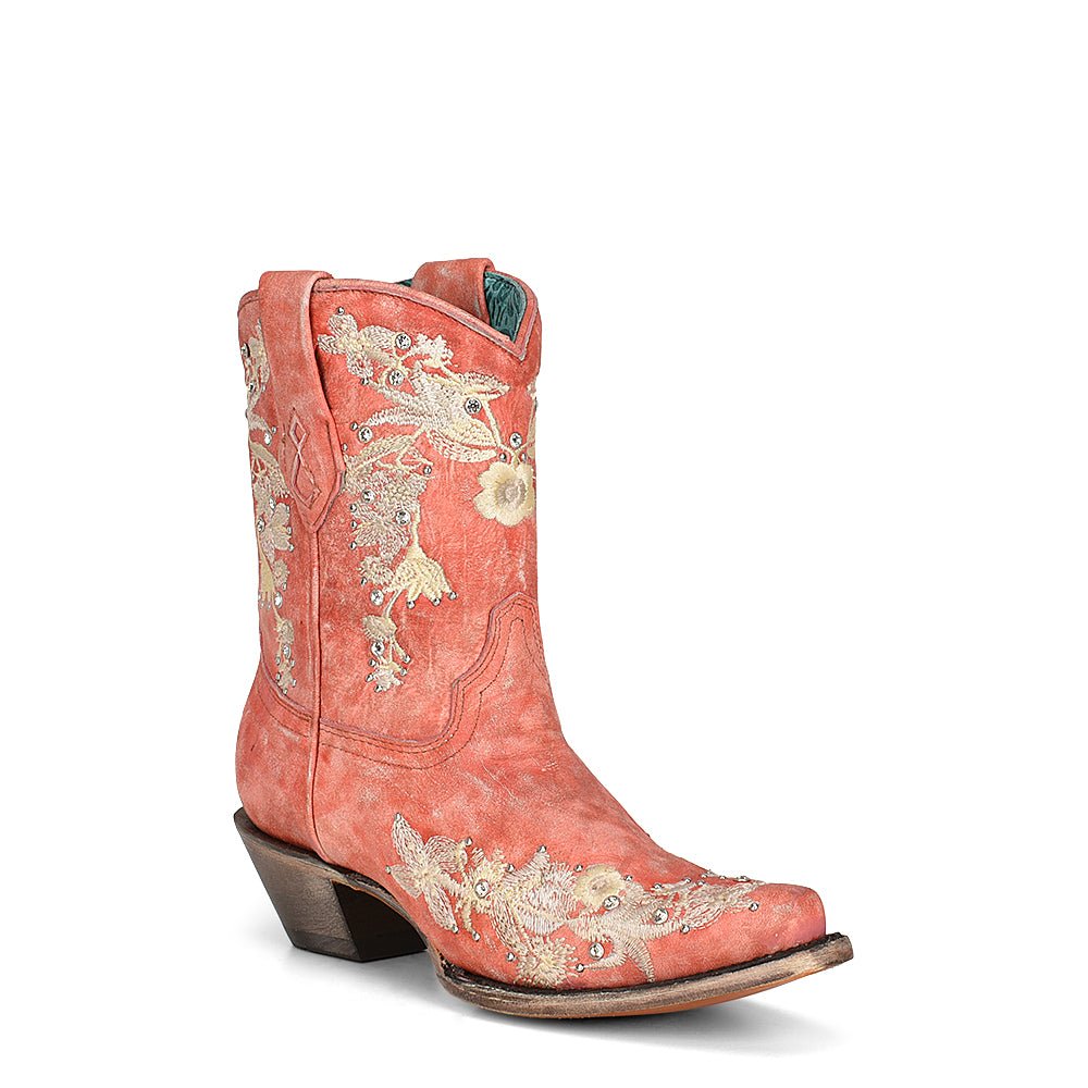 Corral Women's 8.5" Washed Coral Floral Embroidery Studs and Crystals Snip Toe Ankle Bootie - A4315 - 5M