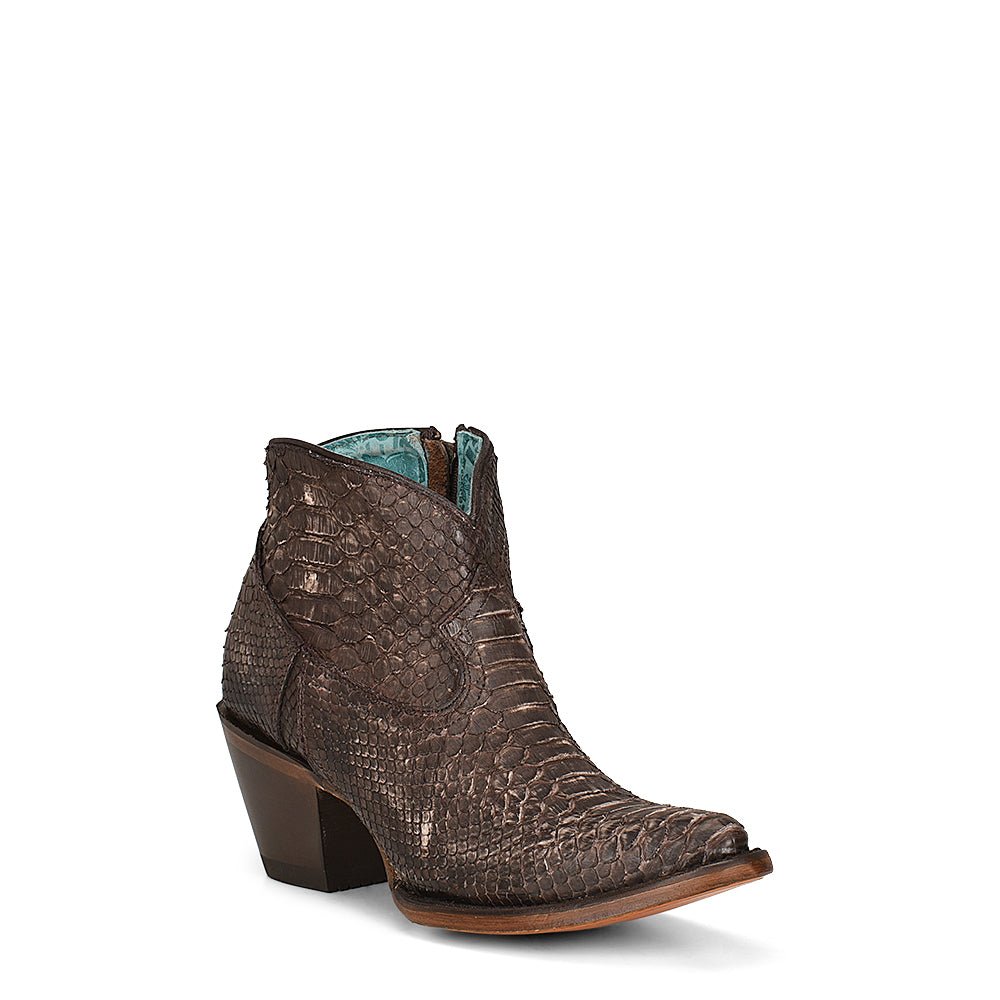 Corral Women's 5" Distressed Chocolate Full Python J Toe Western Bootie - A4325 - 5M