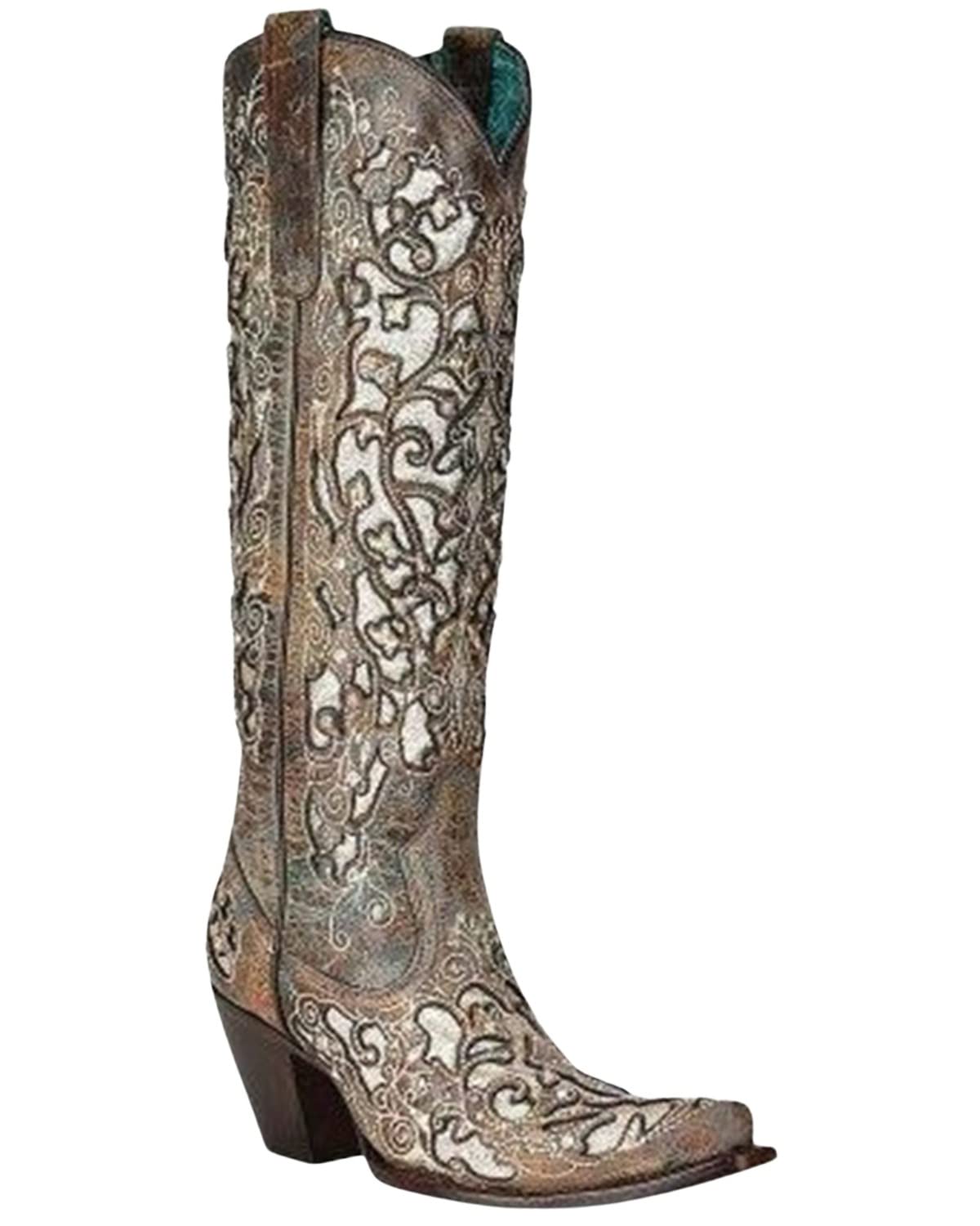 Corral Women's 15" Distressed Brown Glitter Inlay Snip Toe Western Boot - A4346 - 5M