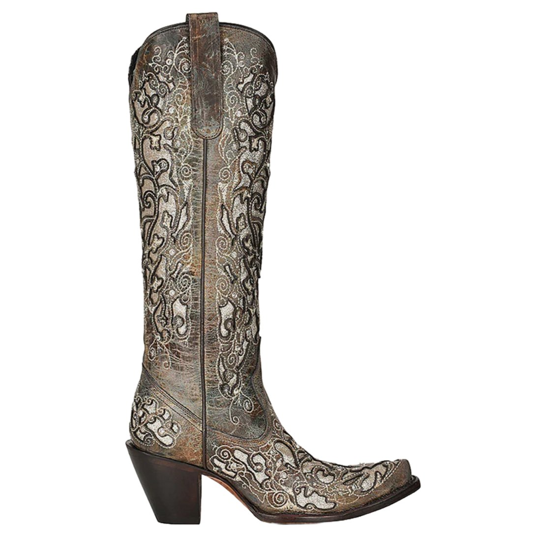 Corral Women's 15" Distressed Brown Glitter Inlay Snip Toe Western Boot - A4346 - 5M