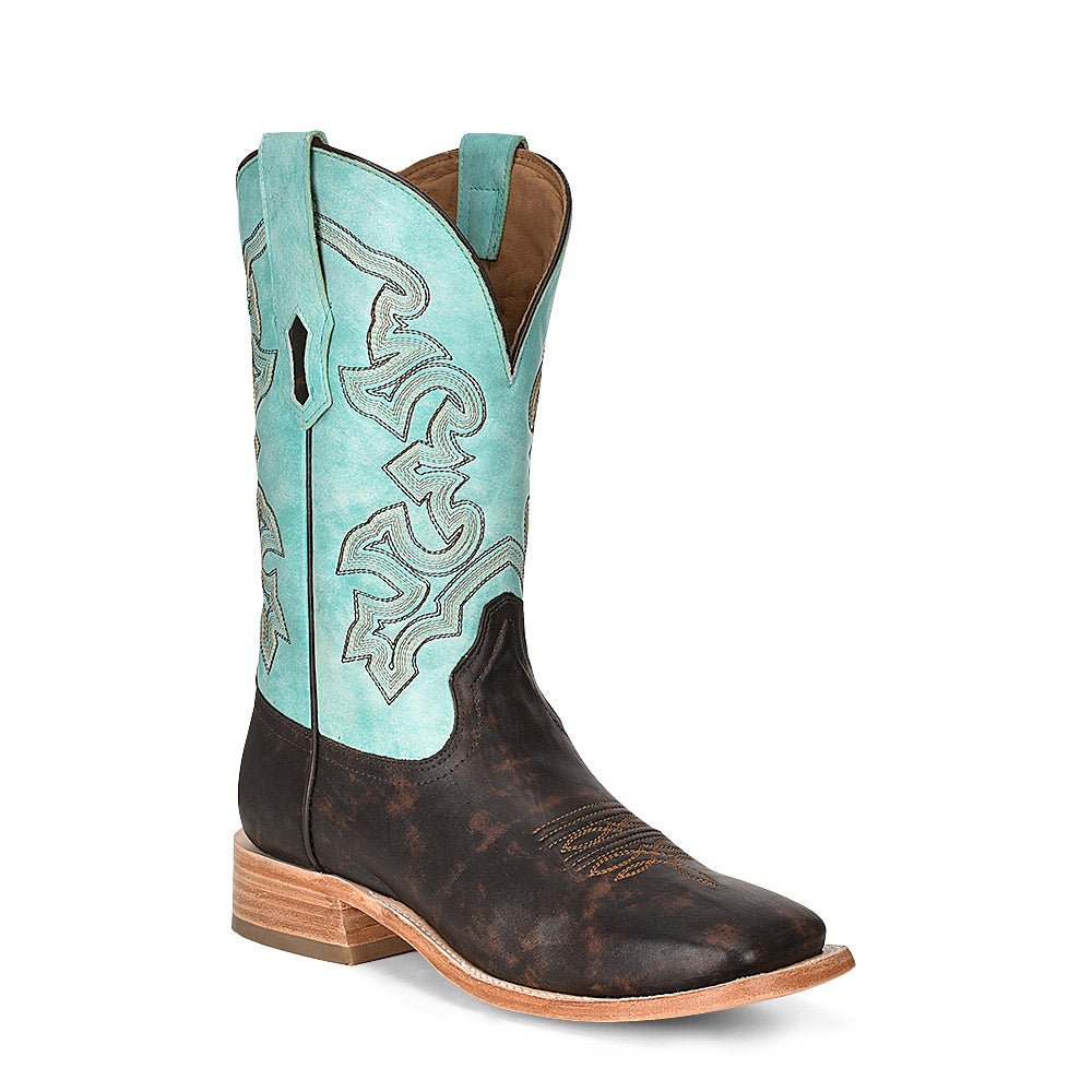 Corral Men's 11" Distressed Brown Turquoise Embroidery Wide Square Toe Western Boot - A4347 - 7D