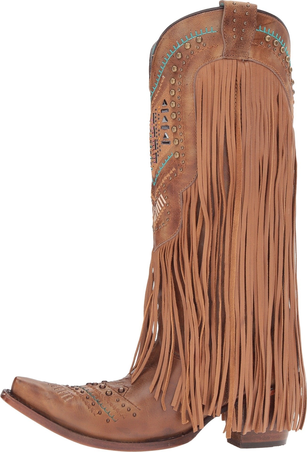 Corral Women's 14" Brown Multicolor Swarovsky Pattern & Fringe Snip Toe Western Boot - C2910 - 5M