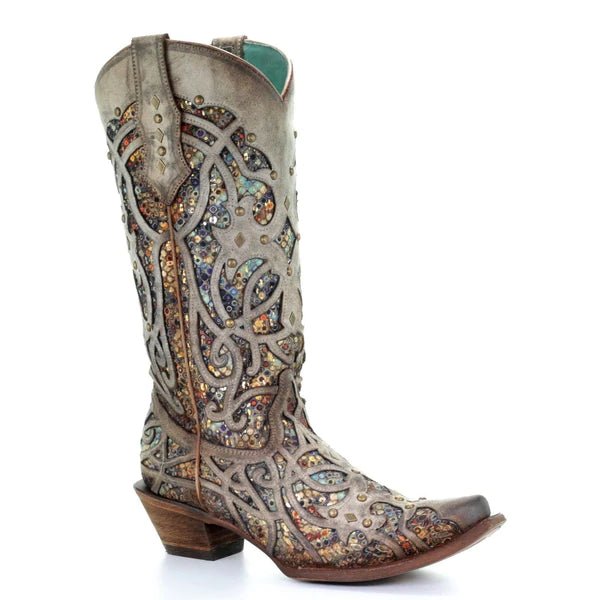 Corral Women's 13" Taupe Inlay & Studs Snip Toe Western Boot - C3409 - 5M