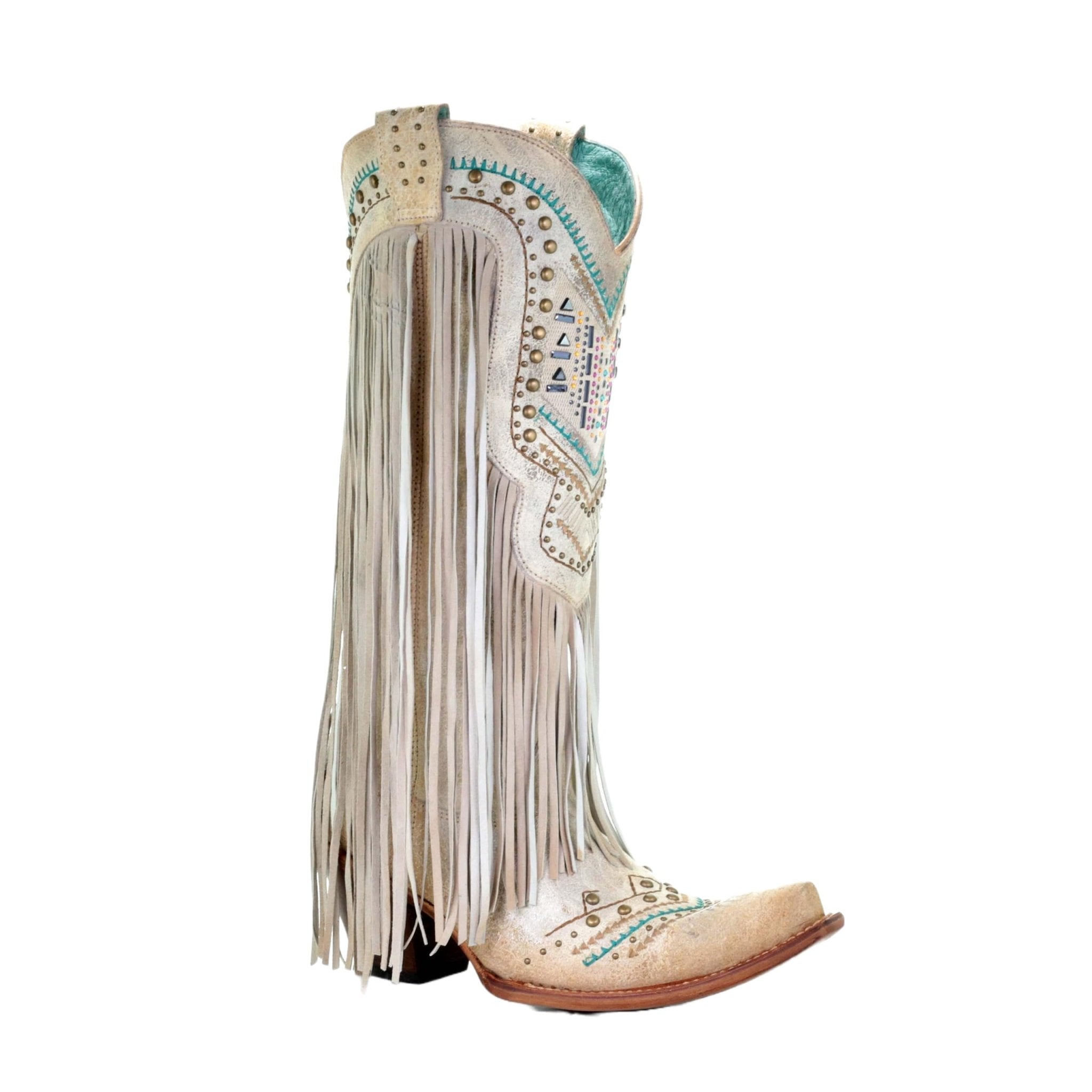 Corral Women's 14" Bone Multicolor Crystal and Fringe Snip Toe Western Boot - C3424 - 5M