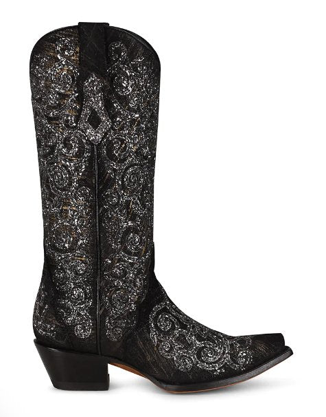 Corral Women's 13" Black Overlay & Embroidery Snip Toe Western Boot - C3776 - 5M