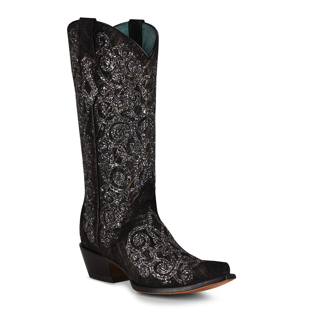 Corral Women's 13" Black Overlay & Embroidery Snip Toe Western Boot - C3776 - 5M