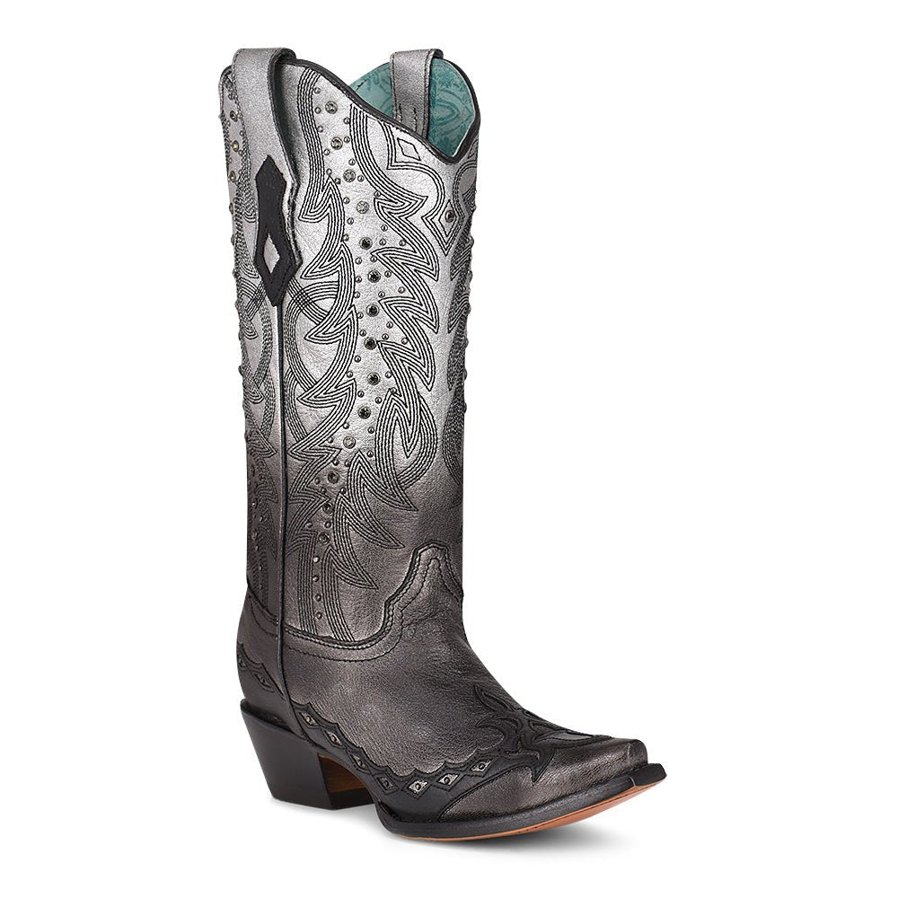 Corral Women's 13" Black & Silver Embroidered Snip Toe Western Boot - C3816 - 05M