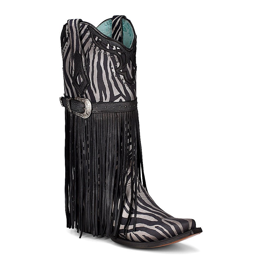 Corral Women's 13" Zebra Print Harness with Studs & Fringe Snip Toe Western Boot - C3875 - 5M