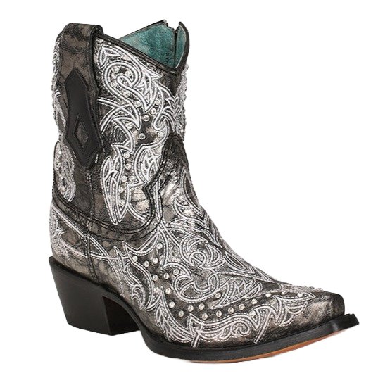 Corral Women's 7" Black White Embroidery & Crystals Snip Toe Ankle Bootie - C3923 - 5M