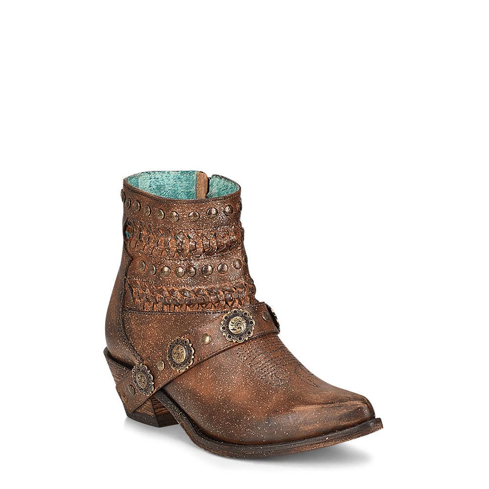 Corral Women's 5.5" Bronze Dashed Almond Studs & Woven Pointed Toe Western Ankle Bootie - F1276 - 5M