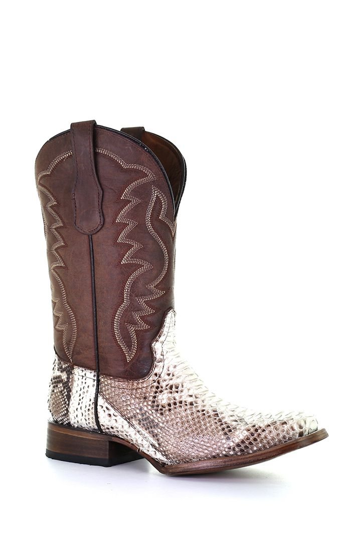 Corral Circle G Men's 11" Natural Brown Python Embroidery Square Toe Western Boot - L5740 - 7D