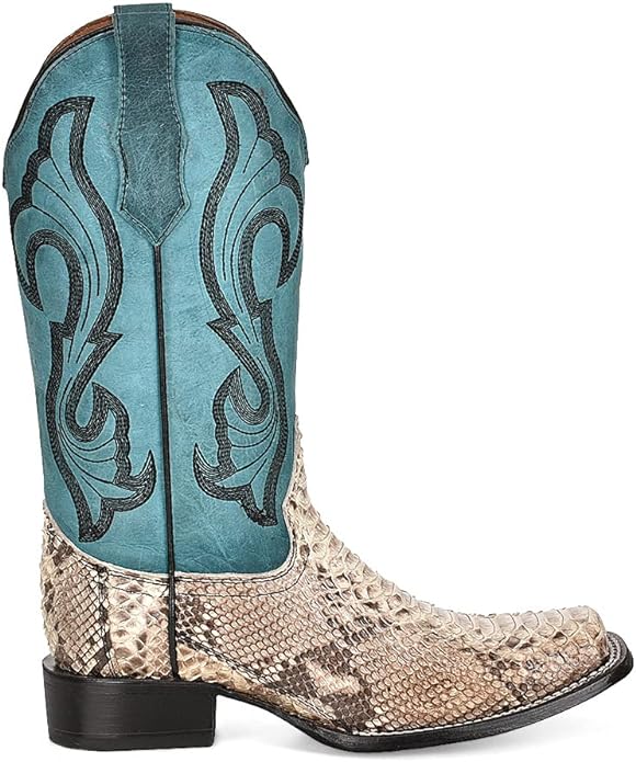 Corral Circle G Women's 12" Natural Python & Turquoise Embroidered Square Toe Western Boot - L5906 - 5M