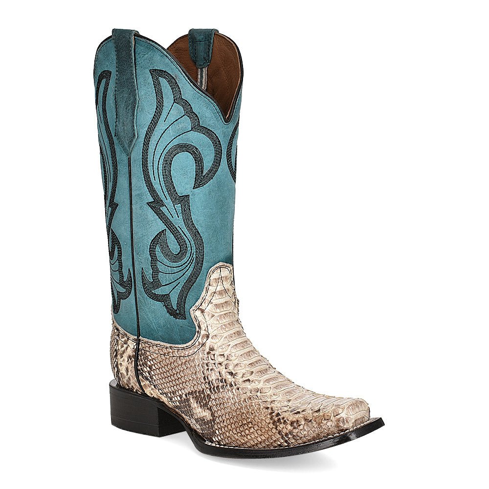 Corral Circle G Women's 12" Natural Python & Turquoise Embroidered Square Toe Western Boot - L5906 - 5M