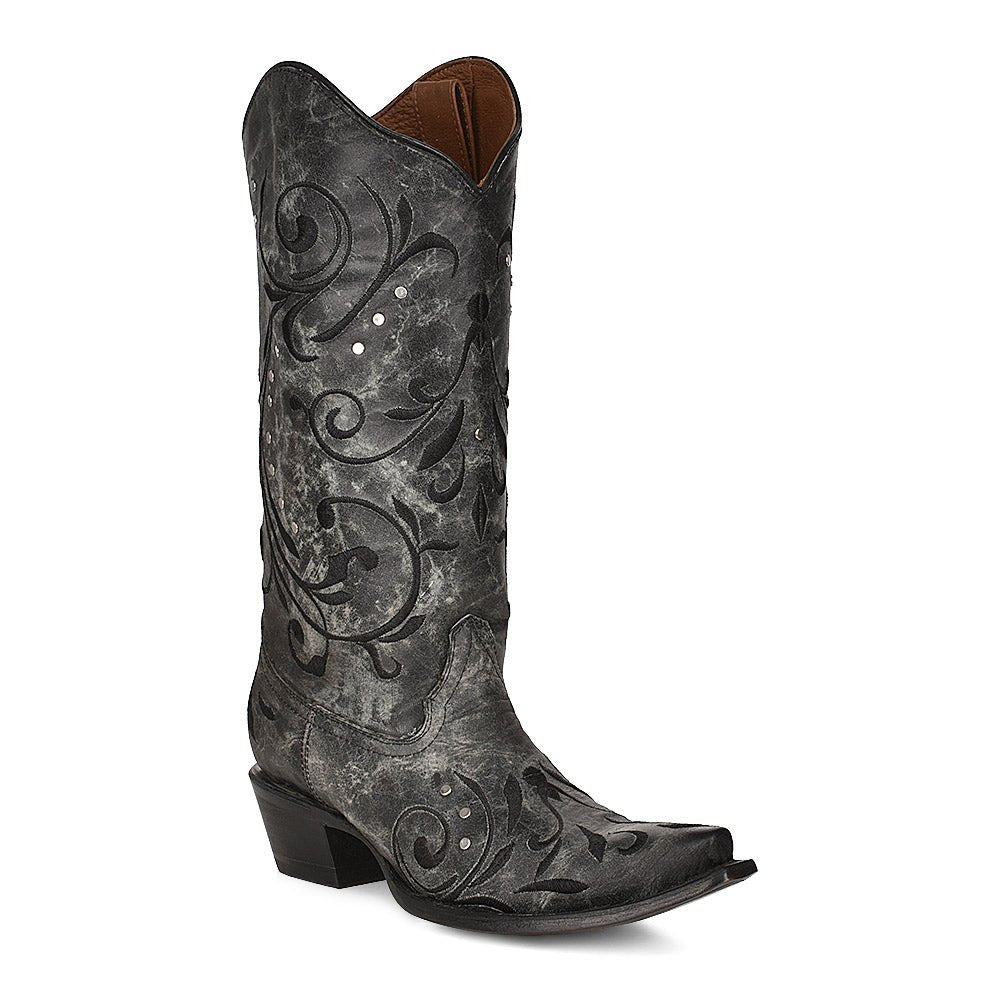 Corral Circle G Women's 13" Black & Grey Embroidery Snip Toe Western Boot - L5936 - 5M