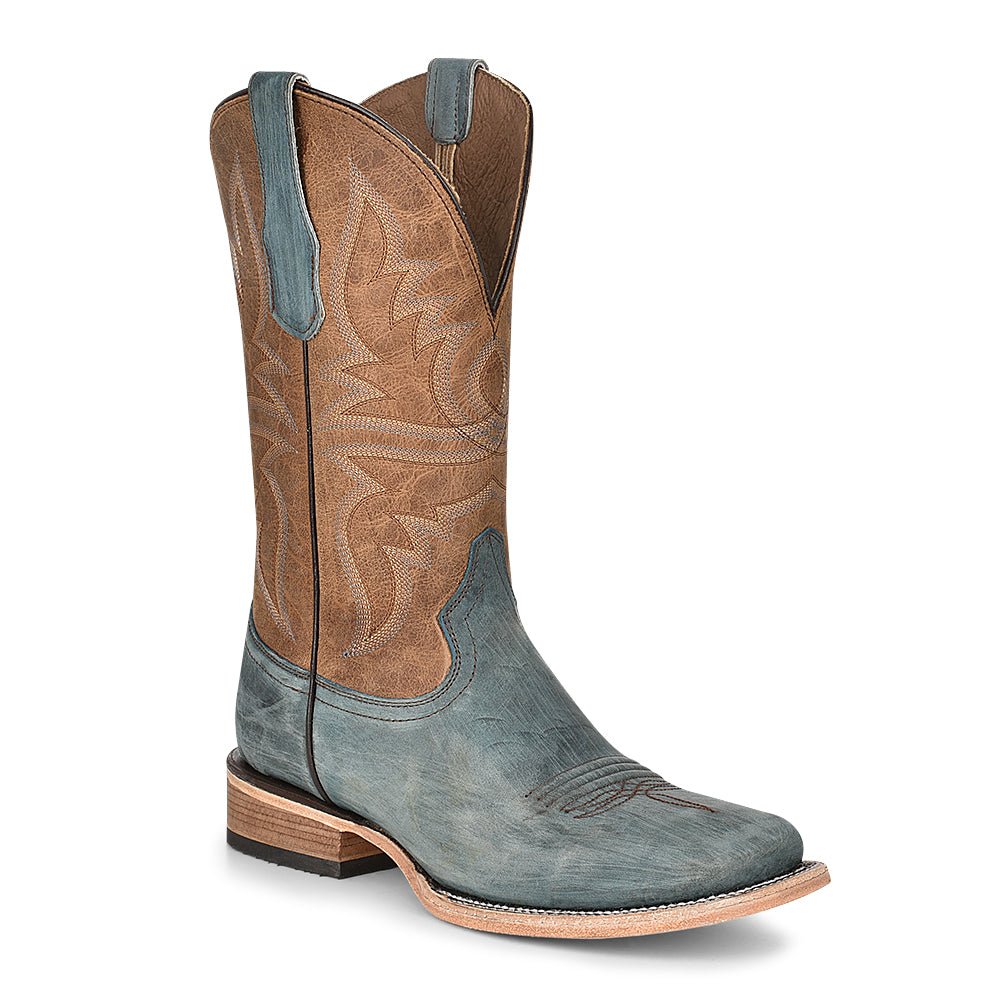 Corral Men's 12" Blue Tan Embroidery Wide Square Toe Western Boot - L5954 - 7D