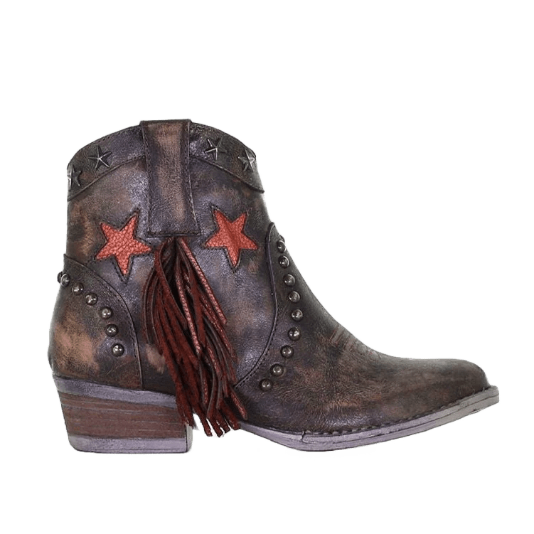 Corral Circle G Women's 6.5" Brown Star Fringe and Stud Round Toe Ankle Bootie - Q0181 - 5M