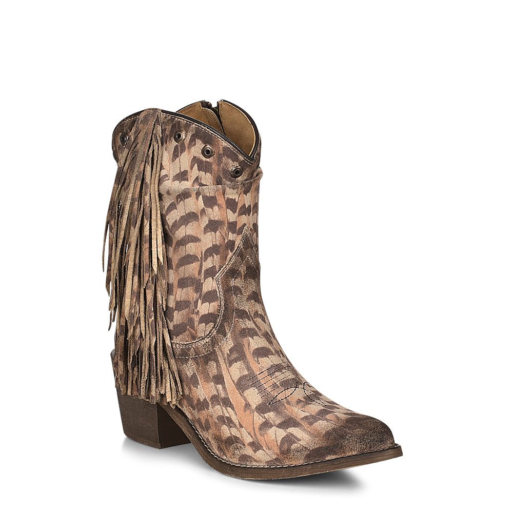 Corral Circle G Women's 8" Brown Slouch Embroidery with Fringes Pointed Toe Ankle Bootie - Q0242 - 5M