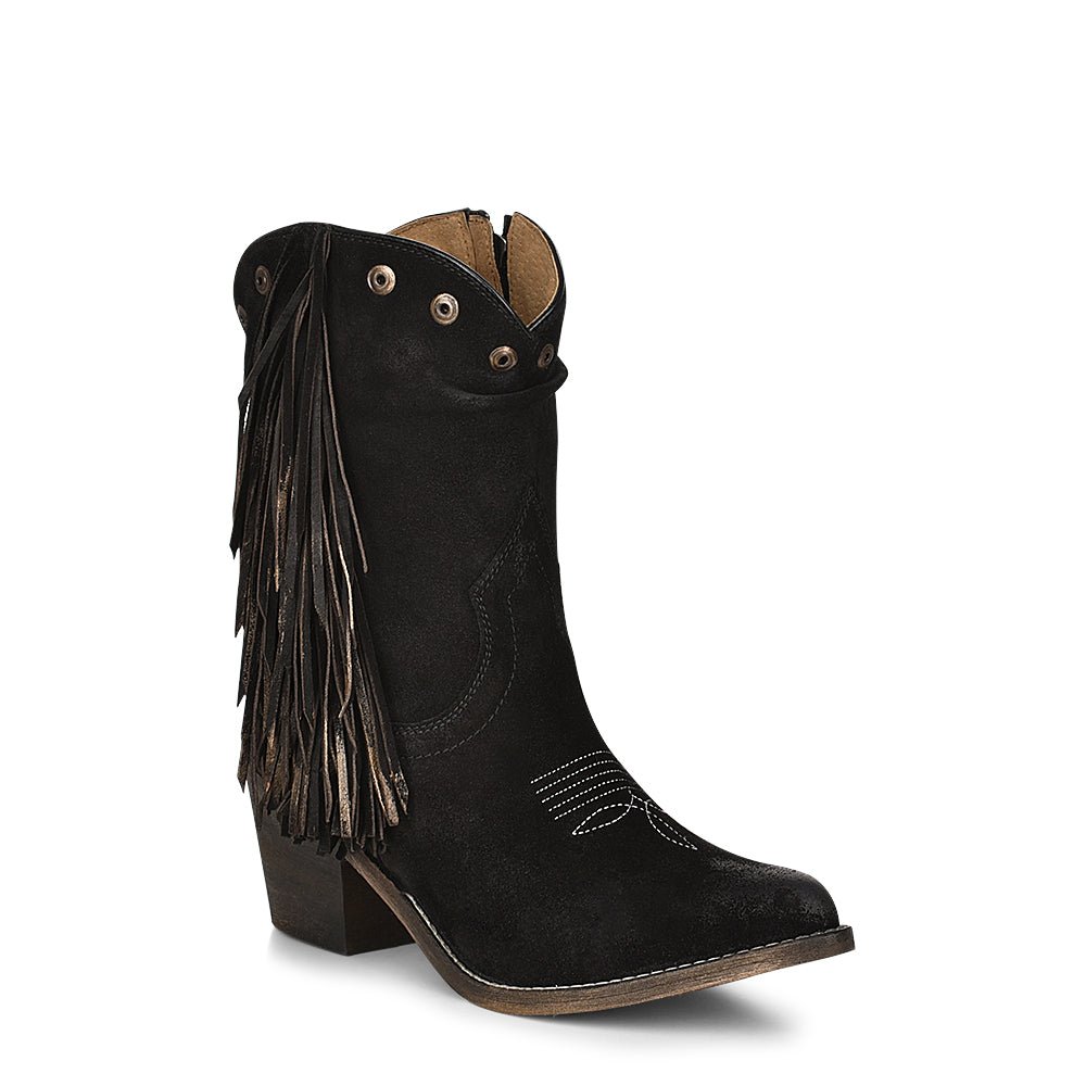 Corral Circle G Women's 8" Black Slouch & Embroidery & Fringes Pointed Toe Ankle Bootie - Q0243 - 5M