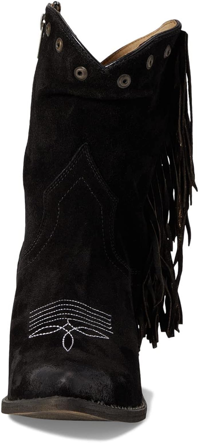 Corral Circle G Women's 8" Black Slouch & Embroidery & Fringes Pointed Toe Ankle Bootie - Q0243 - 5M