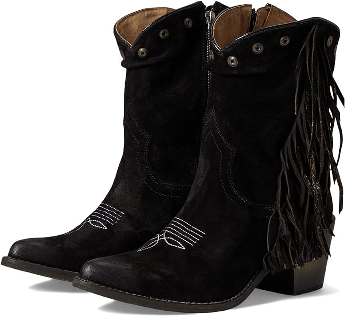 Corral Circle G Women's 8" Black Slouch & Embroidery & Fringes Pointed Toe Ankle Bootie - Q0243 - 5M